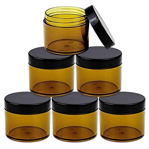 Beauticom 60 Grams/60 ML (2 Oz) Round AMBER Clear Leak Proof Plastic Container Jars with Black Lids for Storage Cosmetic Lotion Scrubs Creams Ointments (6 Pieces Jars + Lids  AMBER)